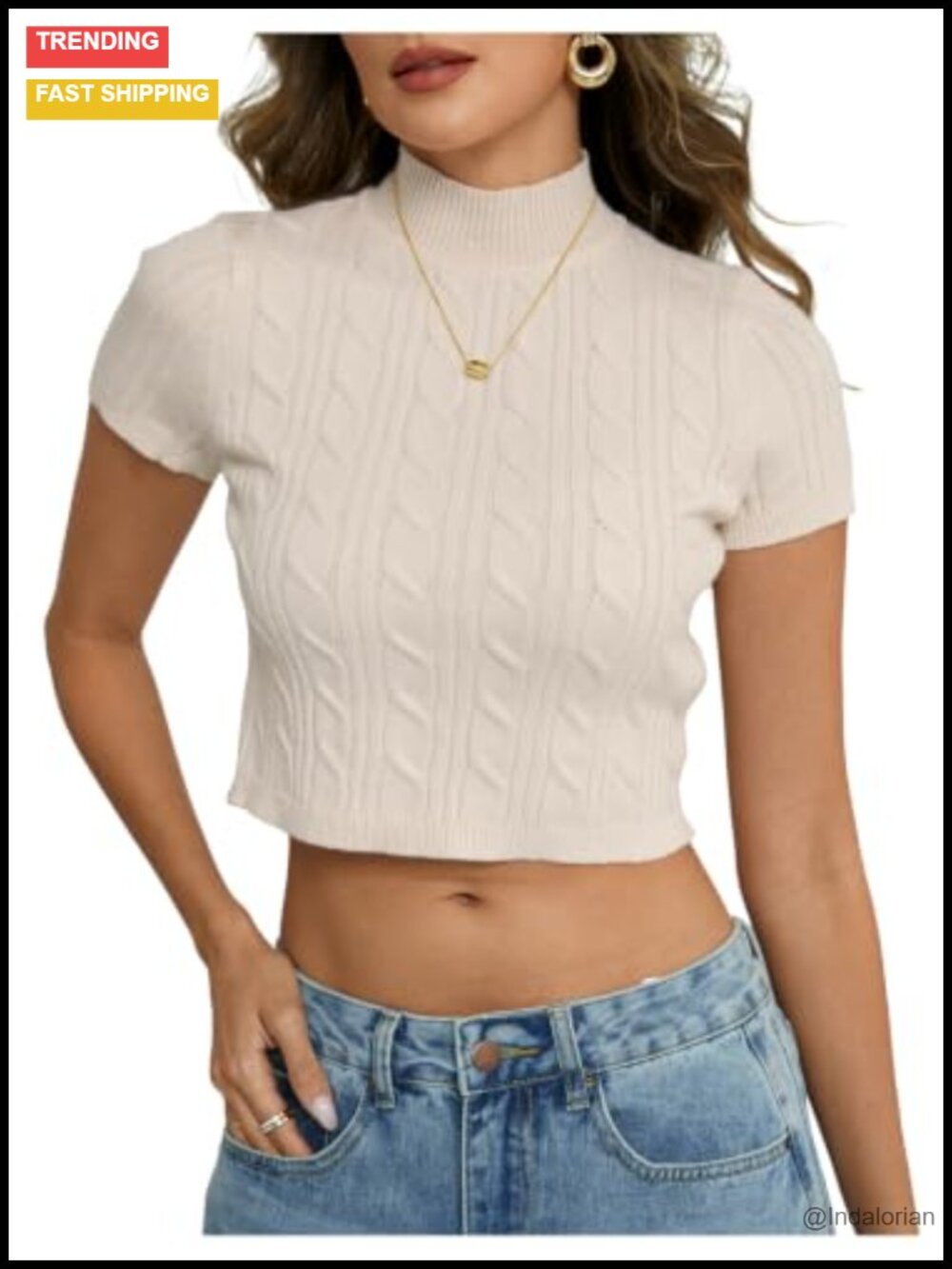 Knitted Crop Sweater Slim Fit Short Sleeve Mock Neck
